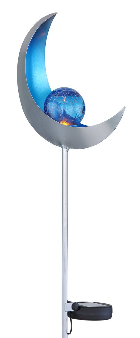 33466B Solarleuchte Mond Metall, Silber - Blau, 1XLED, Glaskugel Blau